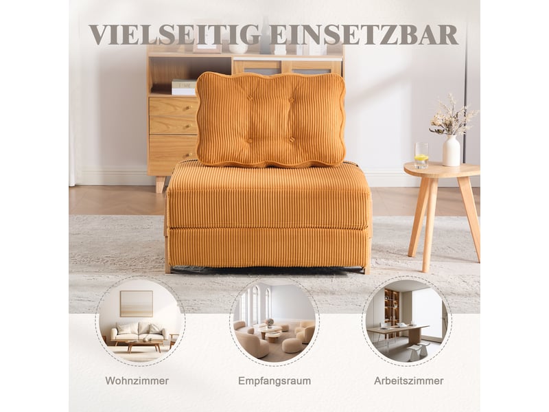  Fauteuil convertible 1 place 90x86x84cm orange en velours côtelé, couchage pliant, dossier rembourré et pieds en bois  - Conforama D