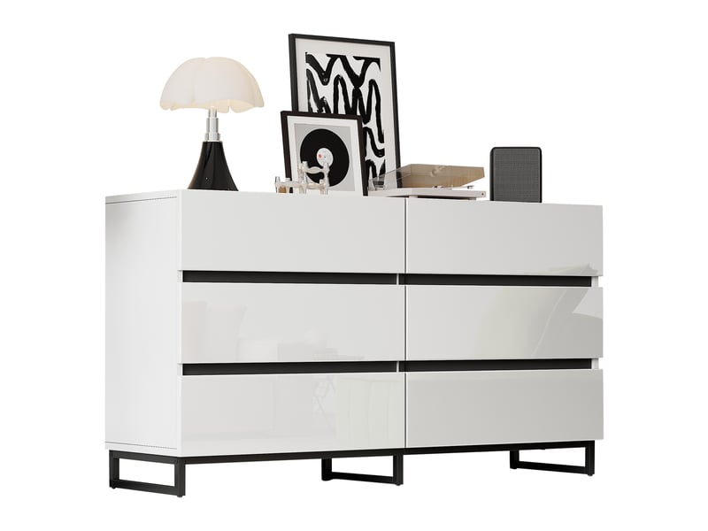  Buffet de salon 140 cm commode avec 6 tiroirs blanc et noir  - Conforama A