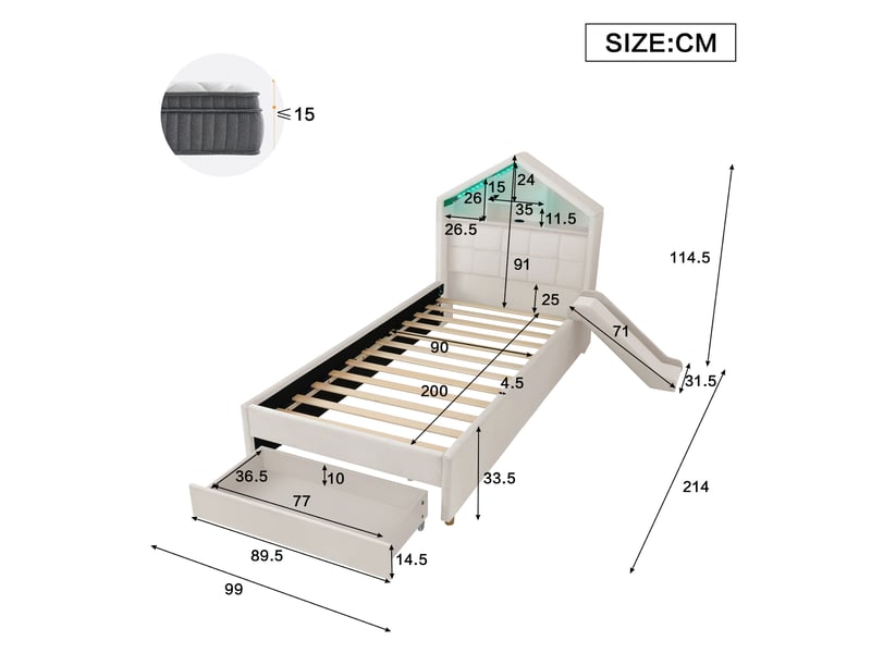  Lit enfant cabane rembourré 90 x 200 cm, toboggan réversible, led, port de charge, étagères de tête de lit, grand tiroir, beige Morn Vibe - Conforama C