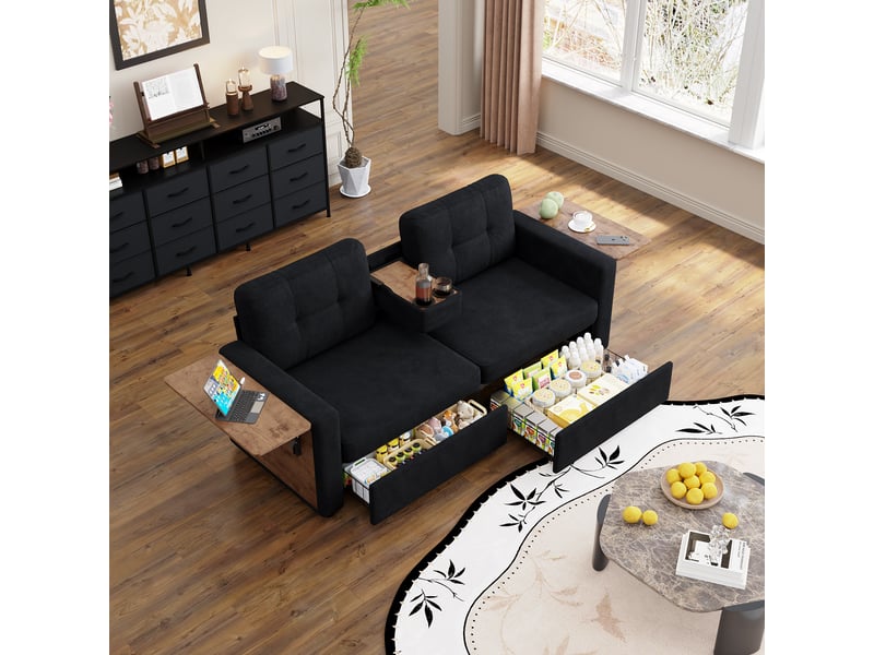  Canapé 2 places 178 x 71 x 57,5 cm, assise réglable, 2 rangements, tablette rabattable pour ordinateur, porte-gobelets, chenille, noir OMNIGLINT TRADING LTD - Conforama E