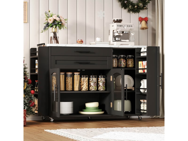 Îlot de cuisine mobile noir 138 x 70 x 90 cm – avec plan rabattable extensible 45-70 cm, 2 tiroirs, portes en verre trempé et 5 roues freinées TG Store - Conforama E