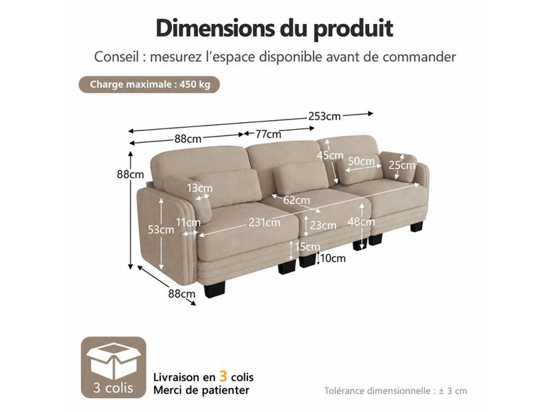 Canapé droit modulable 3 places 253x88x88 cm, assise profonde, coussins lombaires et d’accoudoirs, en tissu chenille marron clair - Conforama D