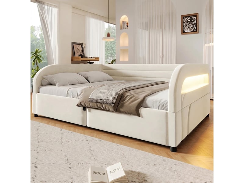 Lit coffre 140x200 avec éclairage led et rangement hydraulique, beige - Conforama B