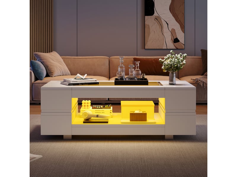  Table basse led blanche avec contrôle par application bluetooth, plateau en verre trempé, table de salon moderne 100x50x35 cm  - Conforama C