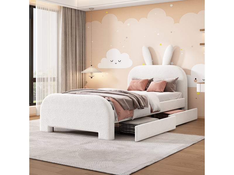  Lit enfant 90*200cm forme lapin, capitonné, deux tiroirs, peluche douce, blanc, design cartoon  - Conforama E