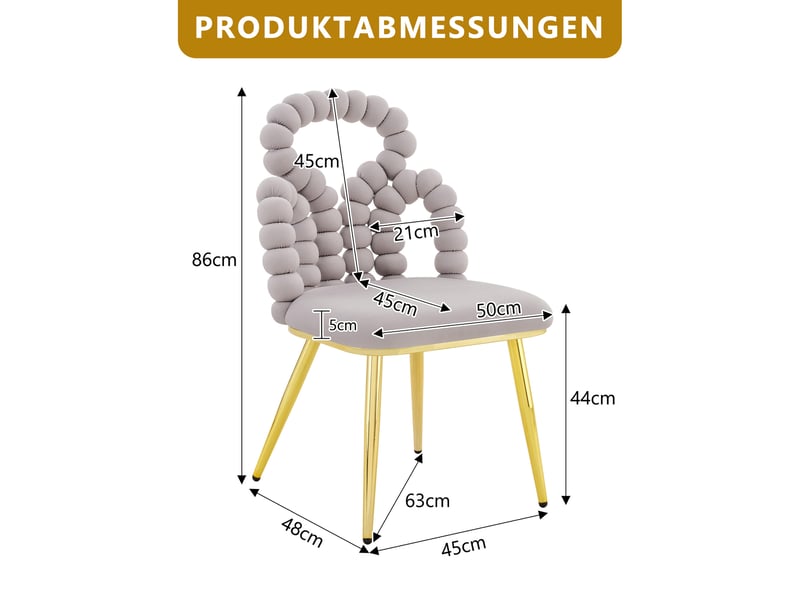  Lot de 2 chaises 48x50x86 cm, assise velours moelleuse, dossier ouvert à chaîne de boules, pieds métal, gris clair  - Conforama C