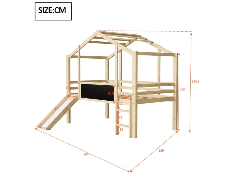  Lit mezzanine enfant 90 x 200 cm avec toboggan, échelle, toit et tableau  - Conforama C