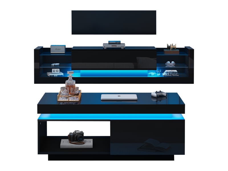  Ensemble meuble tv mural noir, meuble tv et table basse, finition brillante, éclairage led  - Conforama A
