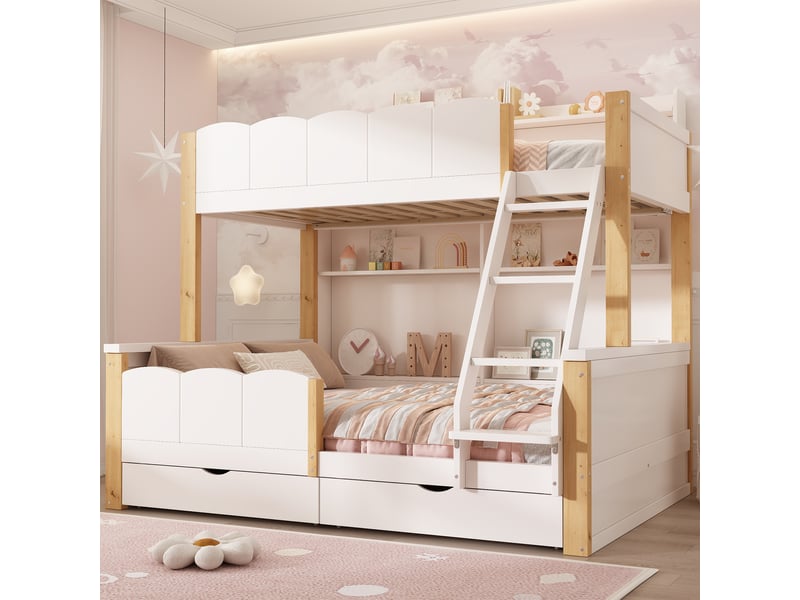  Lit superposé enfant 3 places 90×200 et 140×200 cm, 2 tiroirs et étagères - okmyhome- bois blanc et chêne, sans matelas  - Conforama C