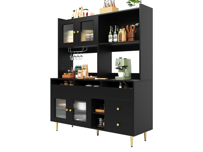  Buffet haut modenvie 145 x 39 x 171 cm en mdf noir avec portes en verre changhong, range-verres et rangements multiples  - Conforama A