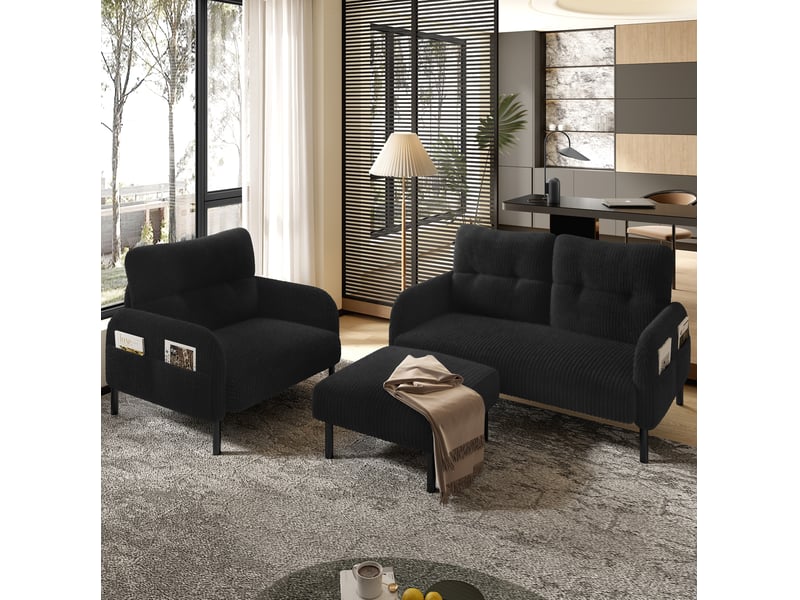 Ensemble canapé, fauteuil et pouf 4 places en velours côtelé noir, modulable et confortable pour le salon - Conforama B