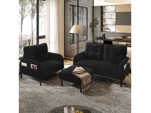 Ensemble canapé, fauteuil et pouf 4 places en velours côtelé noir, modulable et confortable pour le salon