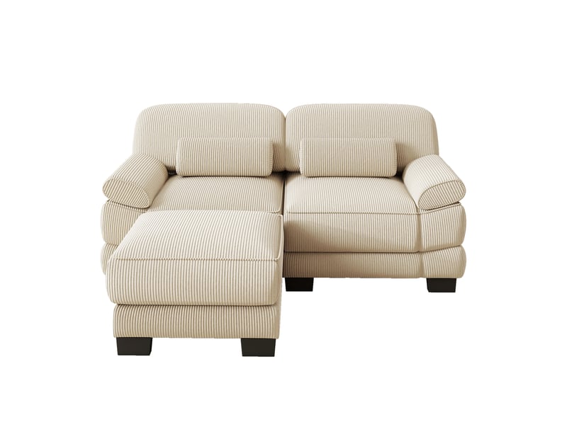 Canapé d'angle modulable 2 places en velours côtelé beige, avec pouf, assise profonde, coussin lombaire, 194×161×94 cm - Conforama A