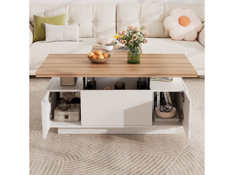  Table basse relevable avec rangement caché, double plateau, blanc et bois, charge 50 kg, 100x50 cm  - Conforama E