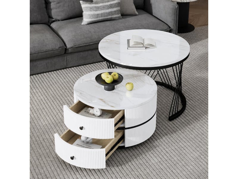 Ensemble de deux tables basses rondes gigognes blanches, effet marbre haute brillance, avec tiroirs - Conforama C