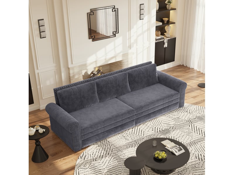 Canapé-lit 3 places convertible 238x90x98 cm – gris – coulissant 3-en-1, velours et accoudoirs roulés - Conforama B
