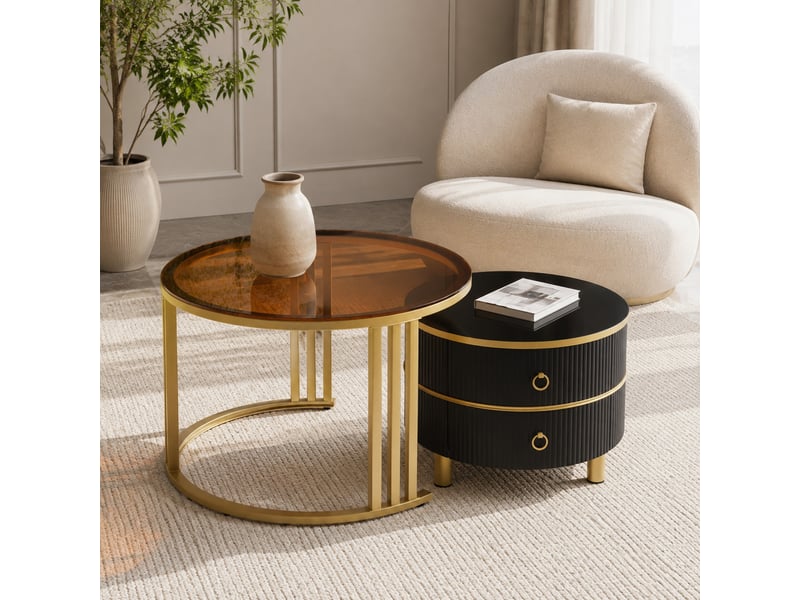 Lot de 2 tables basses rondes 70x70x45 et 50x50x40 cm avec 2 tiroirs, noir et doré - Conforama D