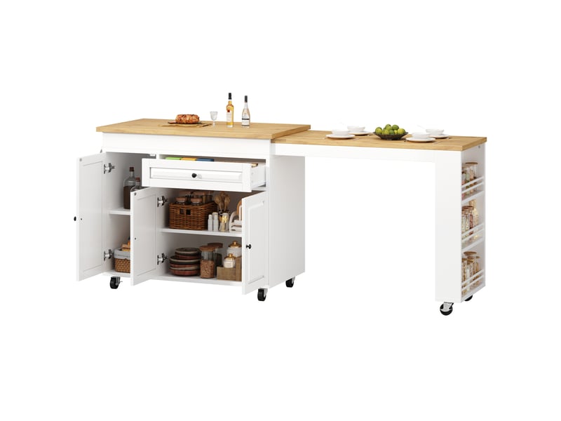  Îlot de cuisine extensible 131-216x55x90 cm avec tiroir, rangement caché et rangements latéraux, table repas - blanc  - Conforama A
