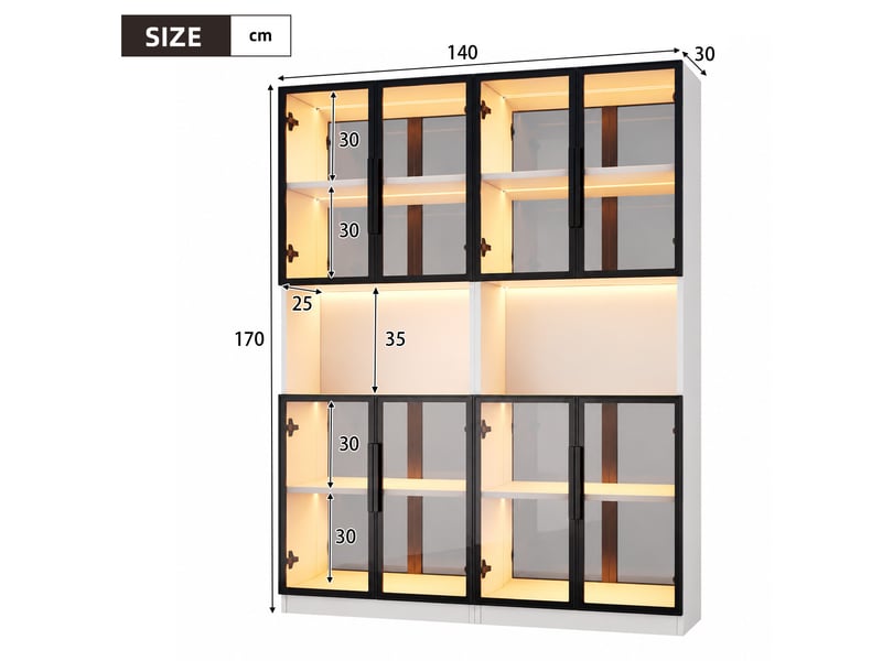  Vitrine 2 pièces 140 x 30 x 170 cm – blanche – portes en verre gris, led et fond miroir de rangement  - Conforama C