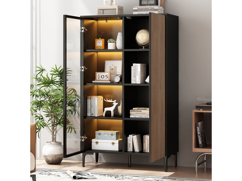  Vitrine d'exposition - 90x40x135cm - vitrine de salon avec led rgb app, 1 porte verre &amp; 1 porte côtelée - noir &amp; bois  - Conforama D