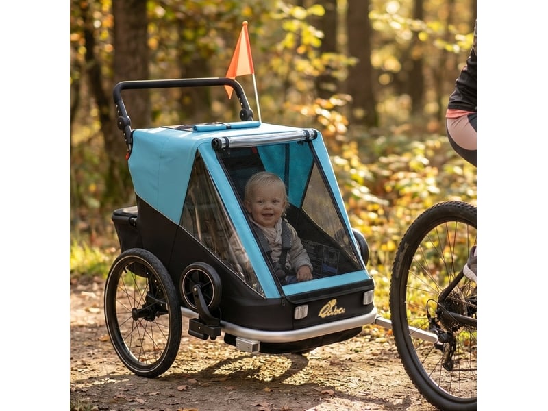  Remorque vélo 2 places 155x82x102 cm – bleue – poussette 2-en-1 pliable, sièges inclinables et rangement  - Conforama D