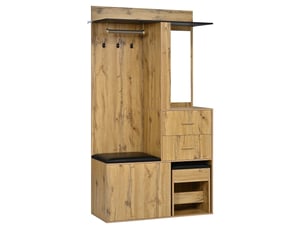 Vestiaire d'entrée avec miroir banc led et tiroirs mdf naturel et noir 100x40x172,5 cm