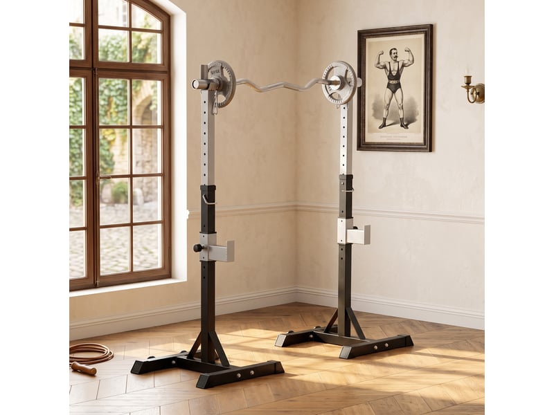  Ensemble de 2 supports pour haltères en acier, 2 crochets à hauteur réglable, capacité de charge 150 kg, 55 x 57 x 105-170 cm, noir  - Conforama D