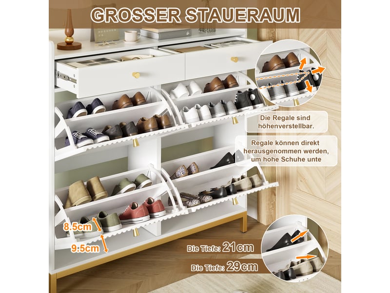  Meuble à chaussures 4 abattants 2 tiroirs métal blanc 106.5 x 25 x 107 cm  - Conforama E