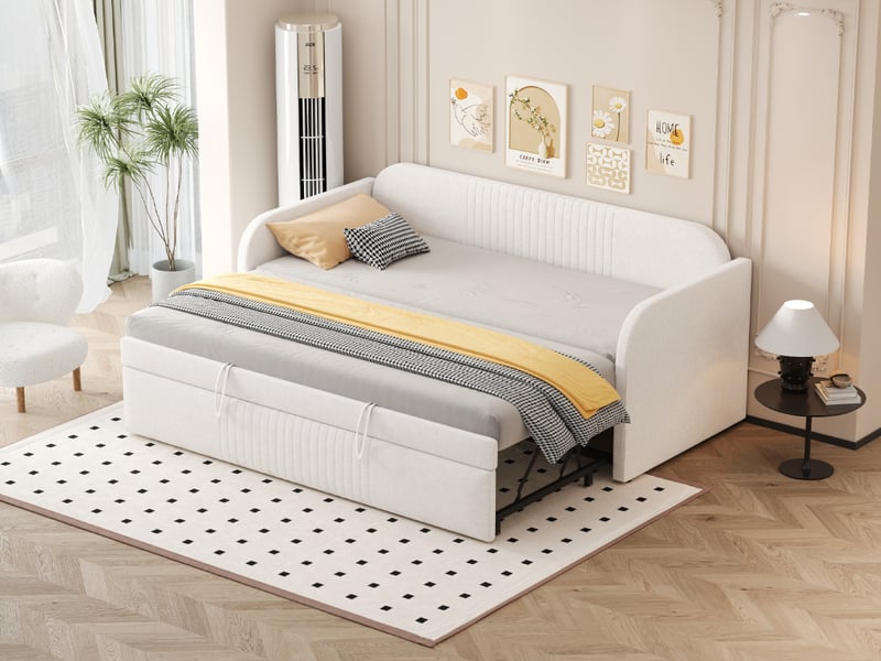  Lit capitonné, lit enfant 90180x190 cm, canapé-lit extensible, sommier à lattes, sans matelas, lin beige  - Conforama R