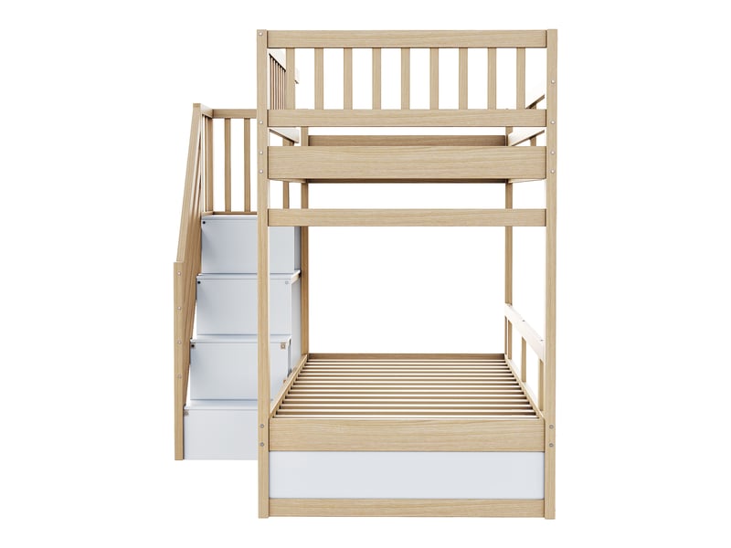  Lit superposé enfant 200×90 cm par couchage avec escalier de rangement, tiroir et barrières, en bois blanc et naturel  - Conforama E