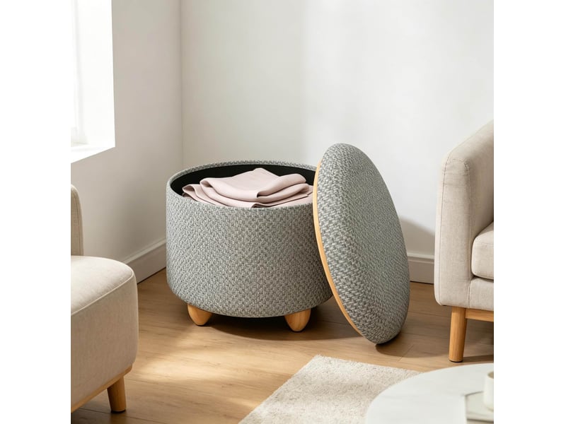  Fauteuil pouf de rangement avec plateau et structure stable, pour salon et entrée, en lin et mdf, gris clair  - Conforama C