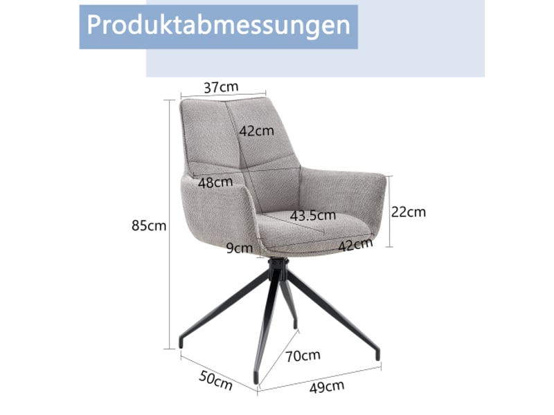 Ensemble de 2 chaises pivotantes 360° rembourrées – tissu gris, pieds métal noir laqué – salle à manger salon - Conforama C