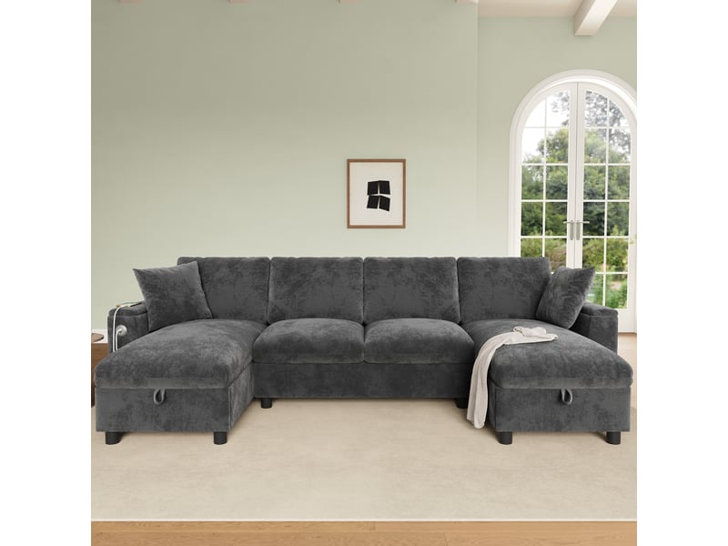 Canapé en u gris en chenille, 4 places avec deux méridiennes, rangement intégré et ports usb et usb-c, 279 x 135 x 84 cm - Conforama D