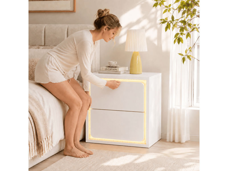  Table de chevet avec éclairage led, 2 tiroirs, 45 x 35 x 47 cm, panneau de particules blanc  - Conforama B