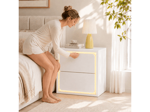 Table de chevet avec éclairage led, 2 tiroirs, 45 x 35 x 47 cm, panneau de particules blanc