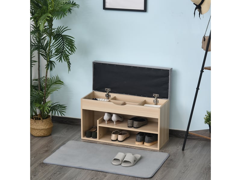  Meuble chaussures banc à chaussures 2 niveaux rangement, niche + coffre intégré avec coussin beige gris  - Conforama D