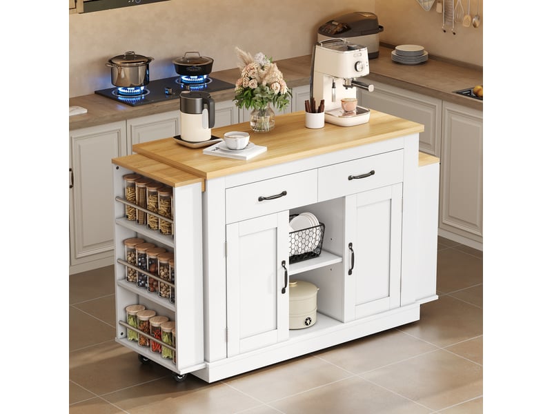 Îlot de cuisine mobile avec double plateau coulissant et prises intégrées - rangement mdf blanc 142 × 55 × 93 cm - Conforama C
