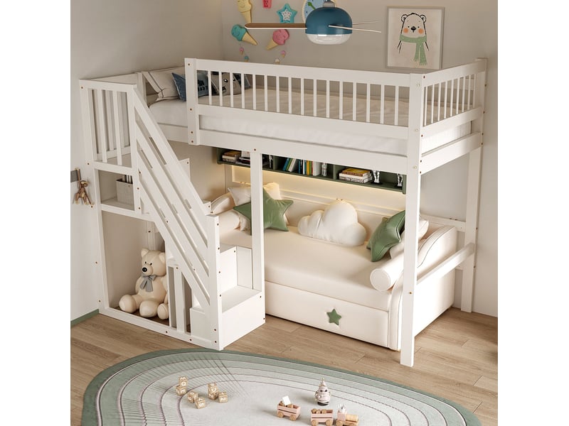  Lit superposé enfant 90x200 cm, avec compartiment de rangement, garde-corps, un seul sommier, pin blanc, sans matelas  - Conforama D