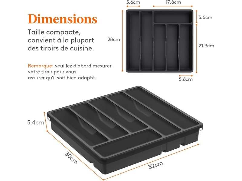  Range couverts pour tiroir avec couvercle, boîte de rangement couverts de cuisine, organisateur de couverts en plastique 6 compartiments, noir  - Conforama C