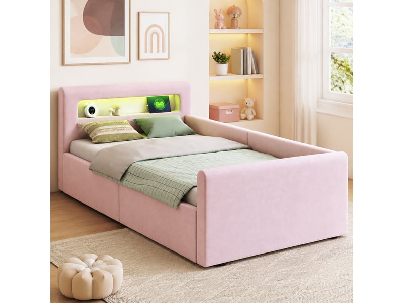  Lit coffre enfant 200×90 cm avec rangement hydraulique, éclairage led et port usb, en velours rose  - Conforama C
