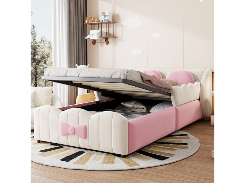  Lit enfant rembourré 90x200 cm en velours avec lit coffre hydraulique, tête de lit design, cadre capitonné - beige  - Conforama D
