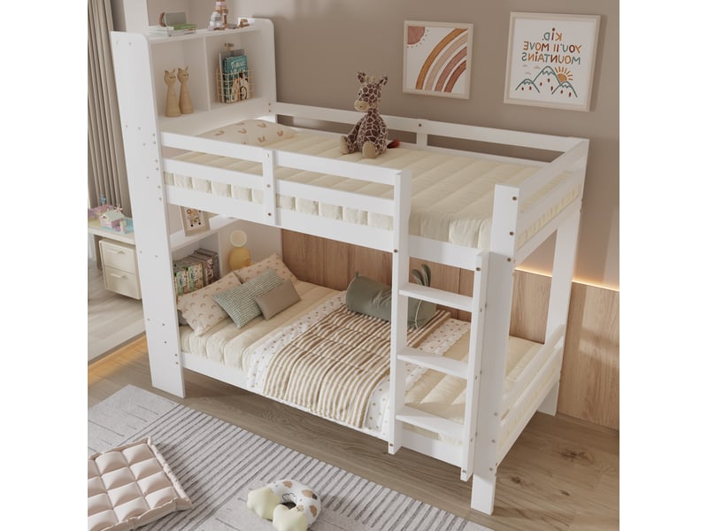  Lit superposé 90x200 cm avec étagères et échelle à 3 marches, blanc  - Conforama D