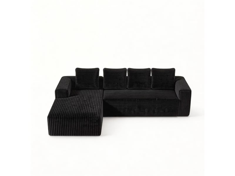  Canapé d'angle modenvie cloud modulable 4 places avec méridienne assise profonde en velours côtelé noir 261 x 168 x 58 cm  - Conforama C