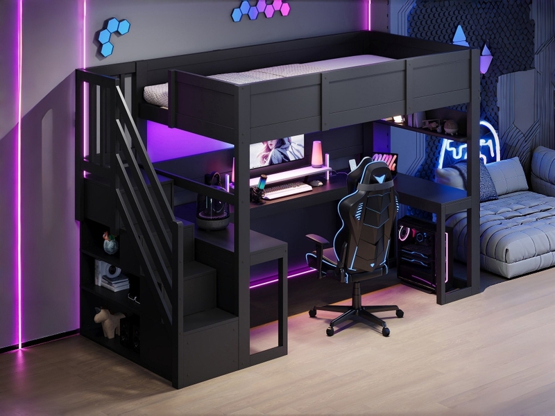  Lit mezzanine gaming, 90 x 200 cm, avec bureau, escalier avec rangements, éclairage led et port usb, noir  - Conforama B