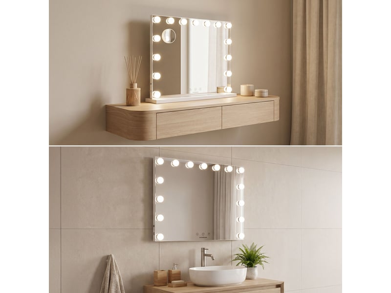 Miroir de coiffeuse hollywood, 15 ampoules led, 3 tons de lumière, intensité réglable, mini miroir x10 innovagoods - Conforama D