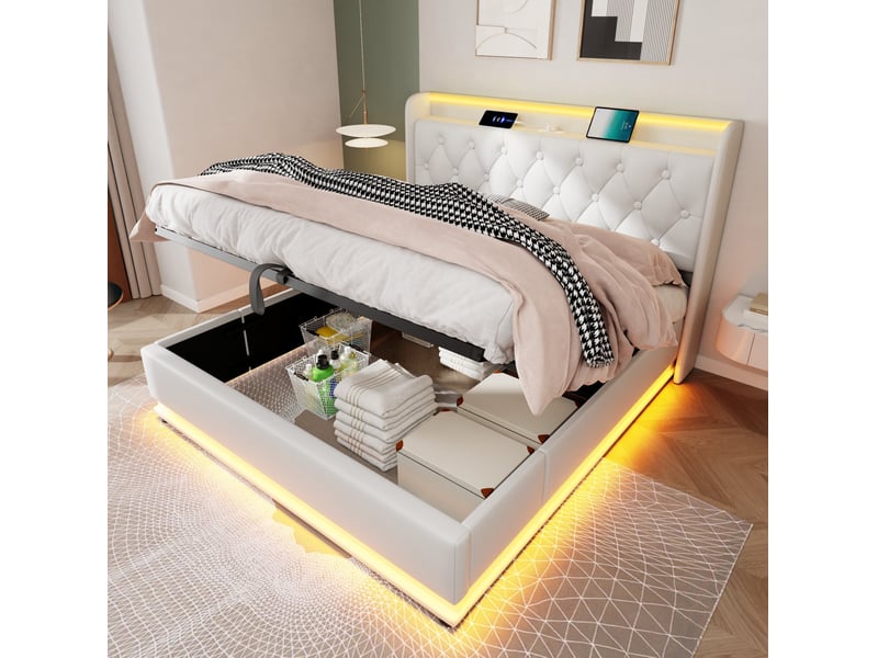  Lit coffre 160 × 200 cm 2 places avec led 360°, usb et type-c, rangement hydraulique, matelas inclus, pu blanc  - Conforama B