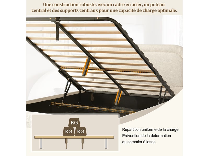 Lit coffre 140x190 cm - rangement hydraulique, tête de lit rembourrée, sommier à lattes, tissu bouclé beige - Conforama E