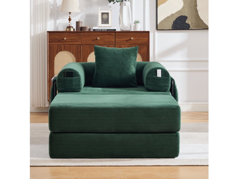  Fauteuil modulable modenvie en velours côtelé vert émeraude avec repose-pieds et coussin 112 x 190 x 67 cm  - Conforama E