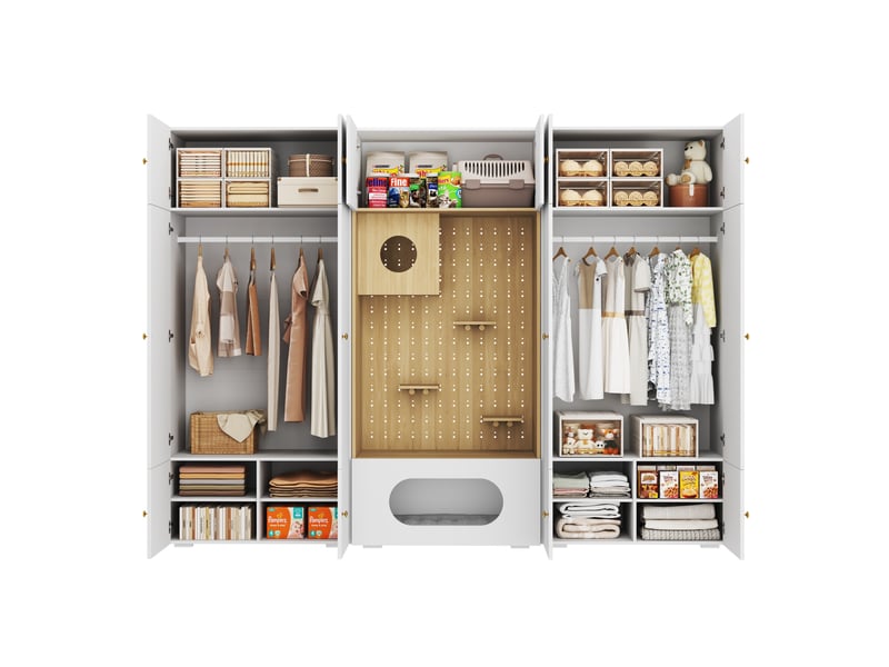  Dressing complet 270x50x200 cm avec arbre à intégré, armoire de chambre multifonctionnelle et vestiaire d'entrée, avec 11 compartiments, blanc  - Conforama D