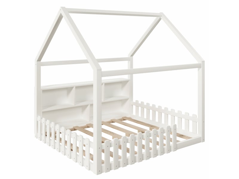  Lit enfant au sol blanc 140x190 cm maison en pin, barrières, led et rangements  - Conforama D